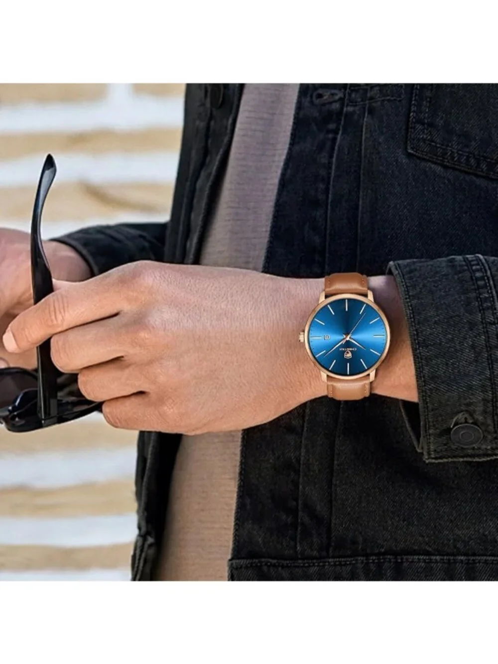 Men's Brown/Rose Gold/Blue Leather Strap Minimalist Waterproof Quartz Wristwatch